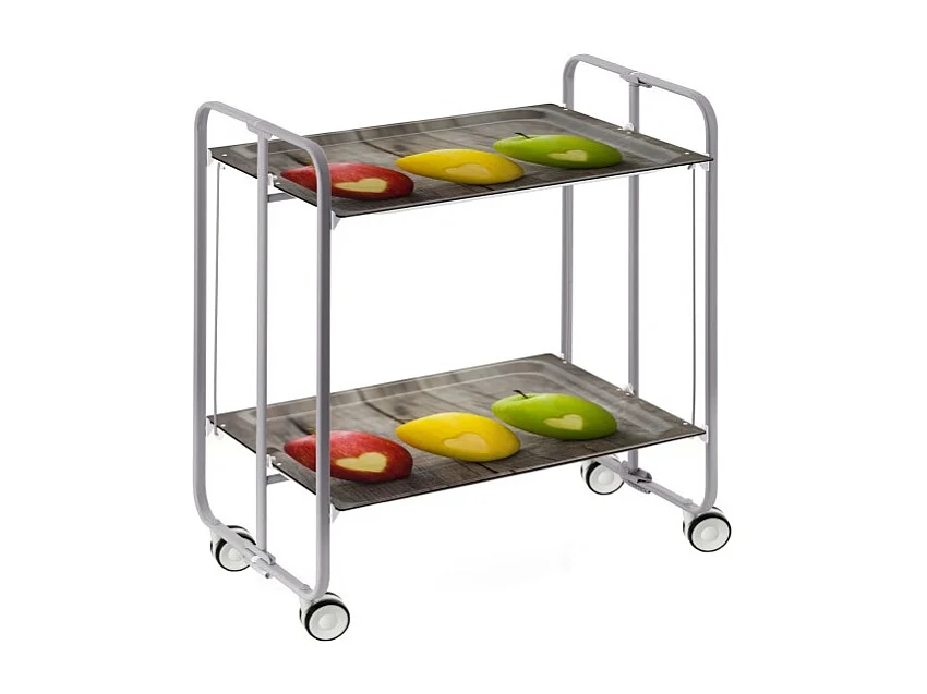 Klappwagen mit Rollen - Graues Metallgestell, 2 laminierte Ablagen Apfel-Design - 72*66*43 cm - BAUHAUS