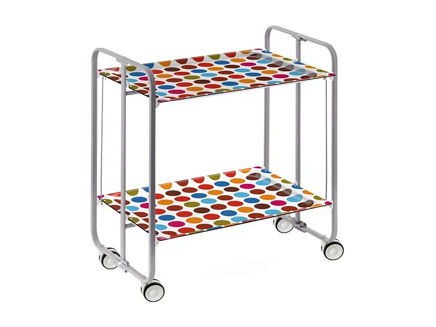 Chariot pliant à roulettes - Structure métallique grise, 2 niveaux en stratifié motif Ronds couleurs - 72*66*43 cm - BAUHAUS