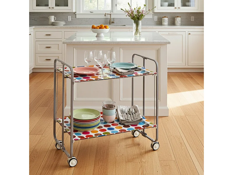 Carrito auxiliar plegable con ruedas - Estructura metálica gris, 2 estantes laminados, decorado Círculos colores – 72*66*43 cm - BAUHAUS