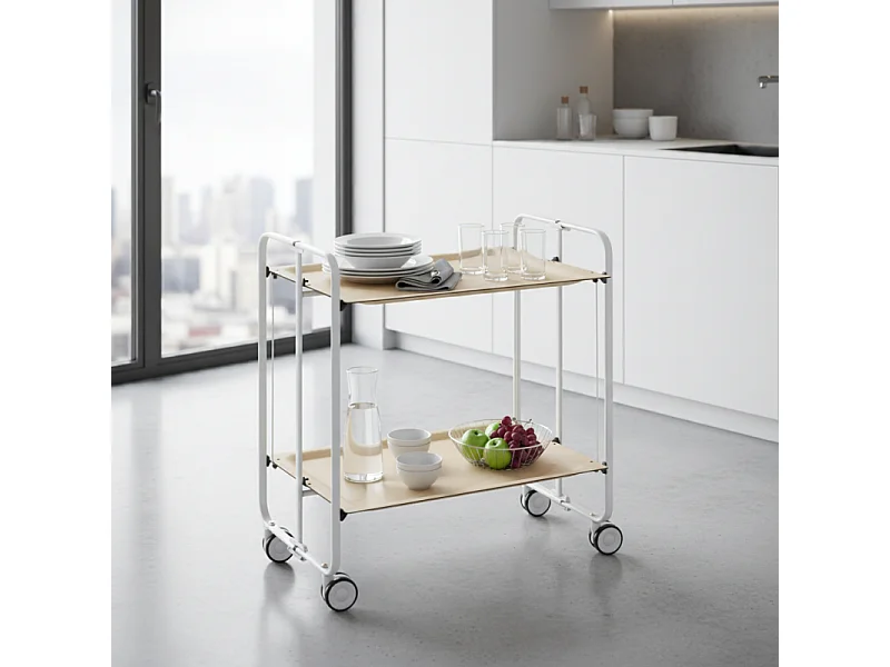 Carrito auxiliar plegable con ruedas - Estructura metálica gris, 2 estantes laminados color Haya – 72*66*43 cm - BAUHAUS