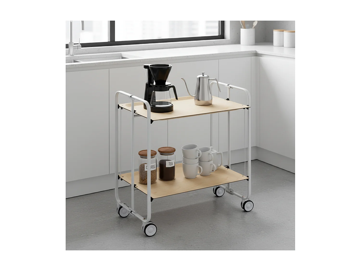 Carrito auxiliar plegable con ruedas - Estructura metálica gris, 2 estantes laminados color Haya – 72*66*43 cm - BAUHAUS