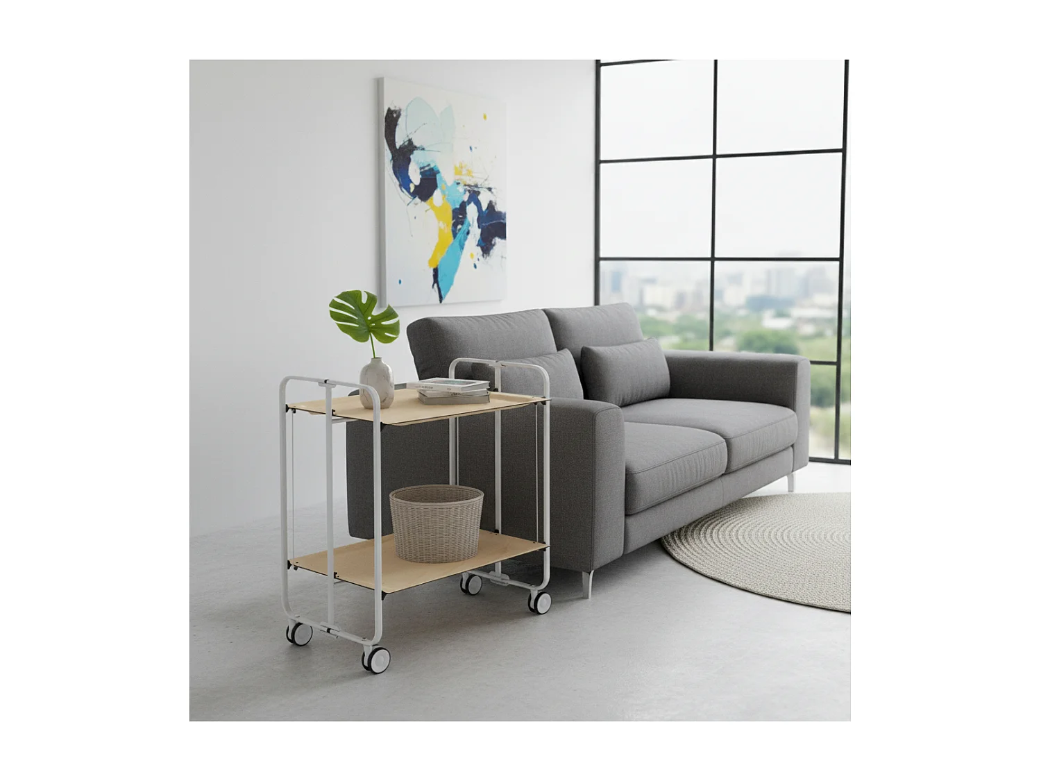 Carrito auxiliar plegable con ruedas - Estructura metálica gris, 2 estantes laminados color Haya – 72*66*43 cm - BAUHAUS