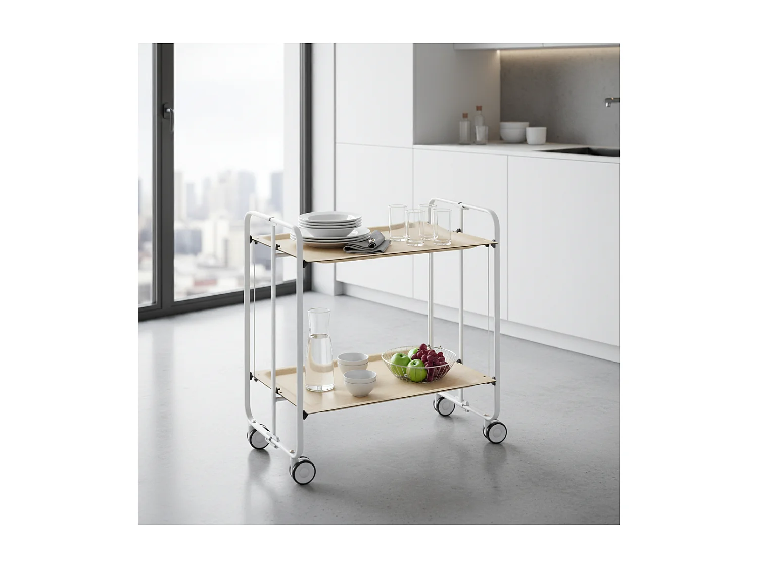 Carrito auxiliar plegable con ruedas - Estructura metálica gris, 2 estantes laminados color Haya – 72*66*43 cm - BAUHAUS