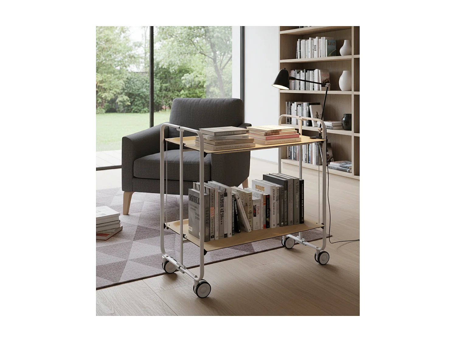 Carrito auxiliar plegable con ruedas - Estructura metálica gris, 2 estantes laminados color Haya – 72*66*43 cm - BAUHAUS
