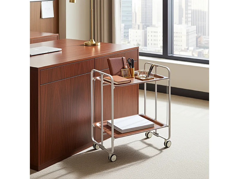 Carrito auxiliar plegable con ruedas - Estructura metálica gris, 2 estantes laminados color Cedro – 72*66*43 cm - BAUHAUS