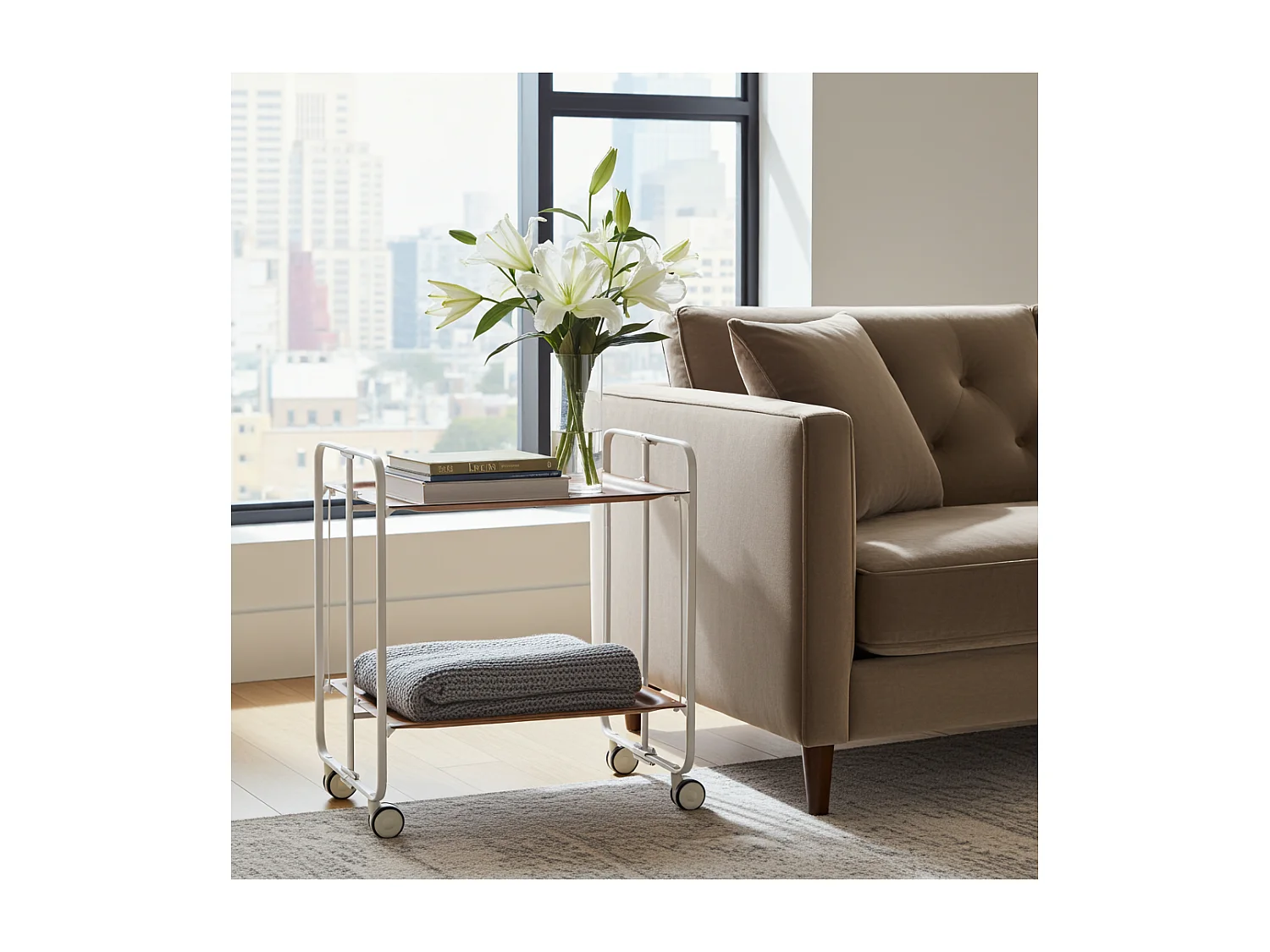 Carrito auxiliar plegable con ruedas - Estructura metálica gris, 2 estantes laminados color Cedro – 72*66*43 cm - BAUHAUS