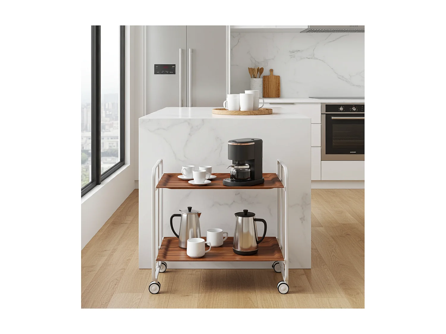Carrito auxiliar plegable con ruedas - Estructura metálica gris, 2 estantes laminados color Cedro – 72*66*43 cm - BAUHAUS