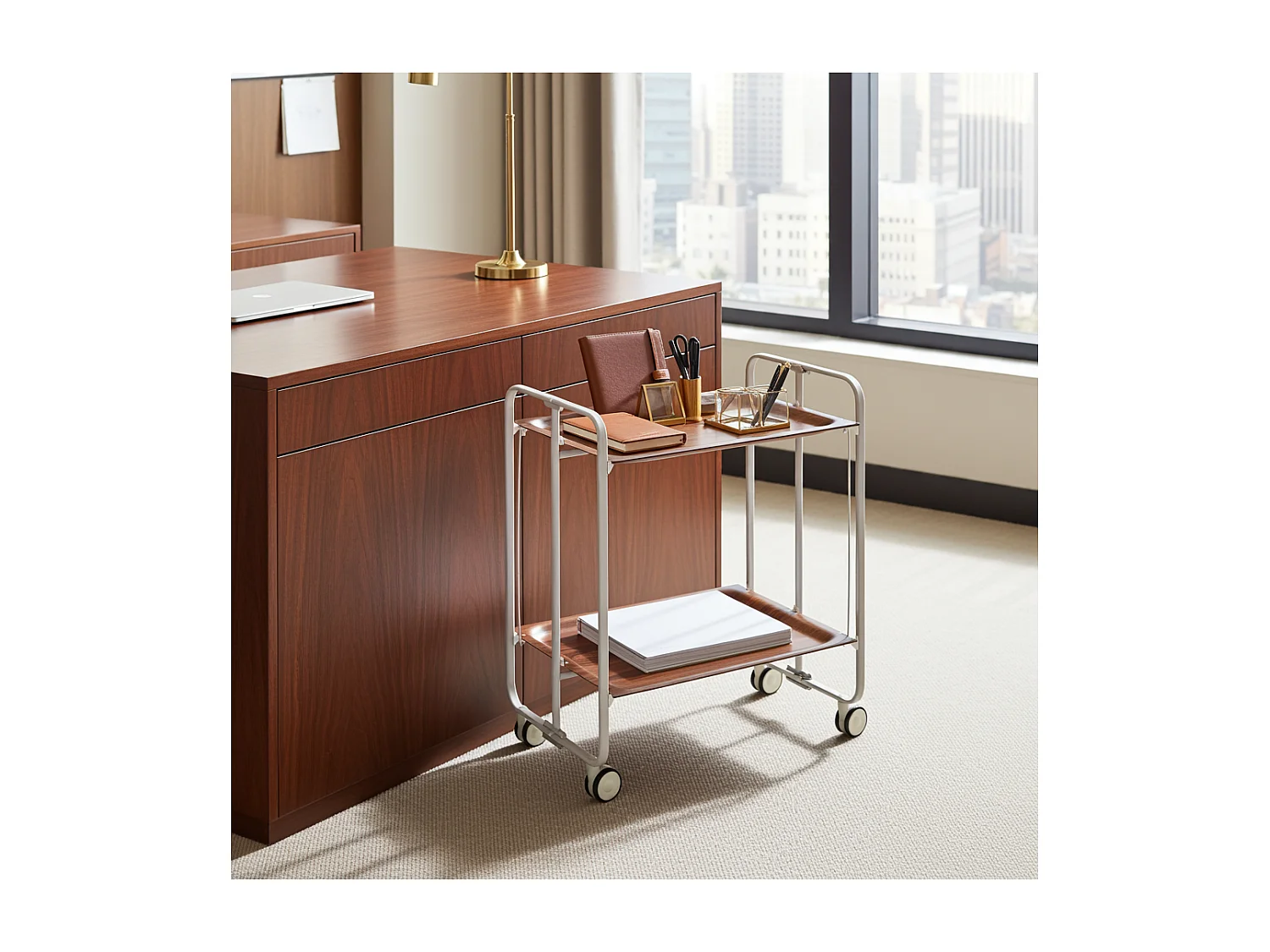 Carrito auxiliar plegable con ruedas - Estructura metálica gris, 2 estantes laminados color Cedro – 72*66*43 cm - BAUHAUS