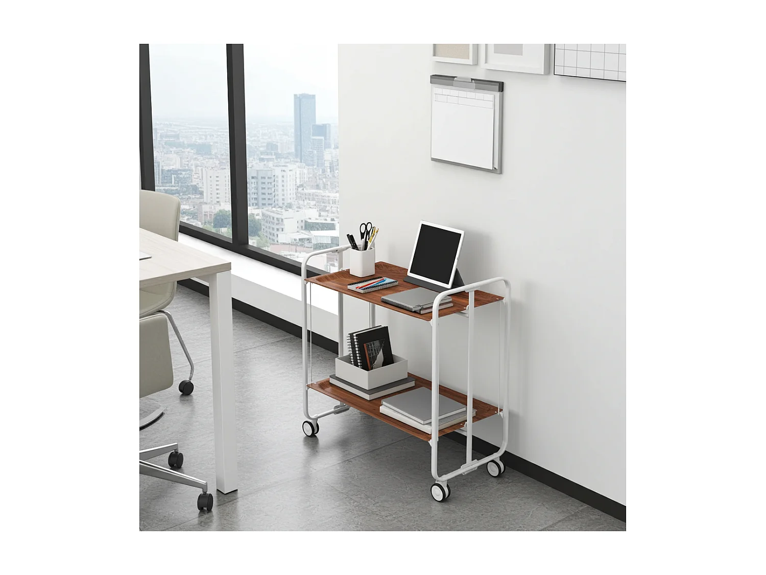 Carrito auxiliar plegable con ruedas - Estructura metálica gris, 2 estantes laminados color Cedro – 72*66*43 cm - BAUHAUS