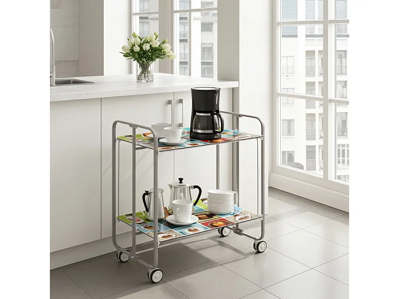 Carrito auxiliar plegable con ruedas - Estructura metálica gris, 2 estantes laminados decorado Vintage2 – 72*66*43 cm - BAUHAUS