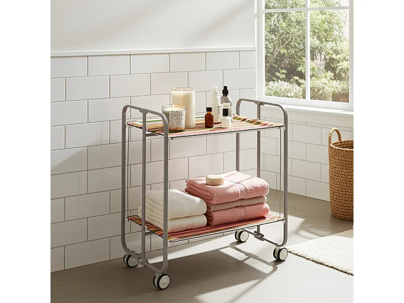 Klappbarer Wagen mit Rädern - Graues Metallgestell, 2 Etagen laminiert, gestreiftes Dekor  - 72*66*43 cm - BAUHAUS