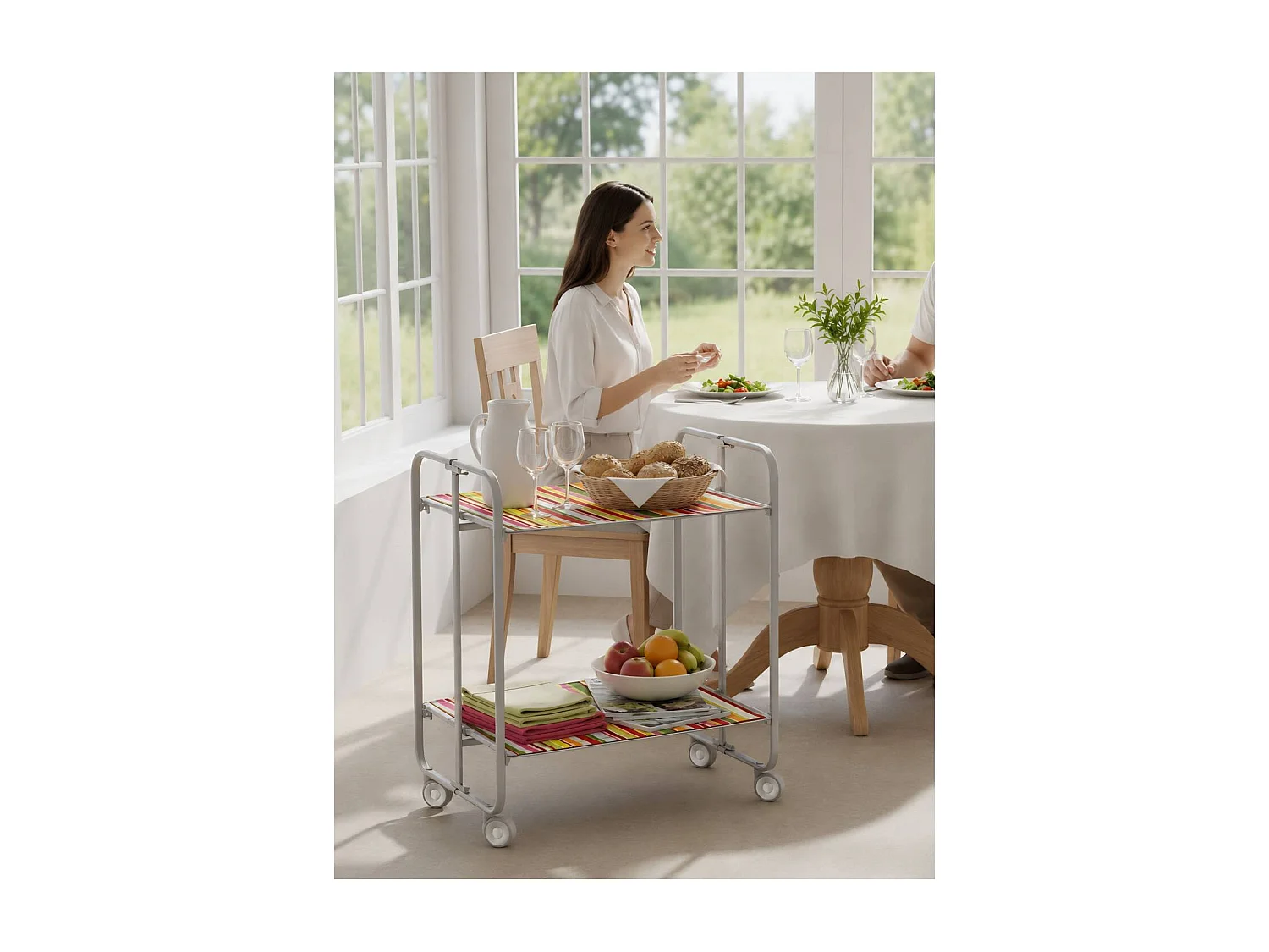 Carrito auxiliar plegable con ruedas - Estructura metálica gris, 2 estantes laminados decorado Rayas – 72*66*43 cm - BAUHAUS