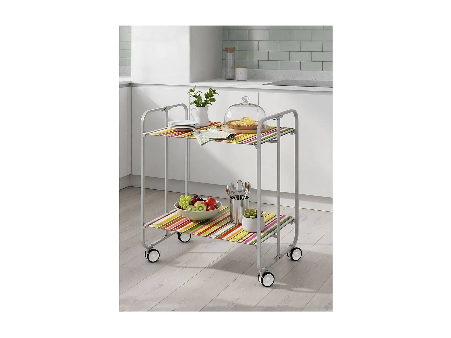 Carrito auxiliar plegable con ruedas - Estructura metálica gris, 2 estantes laminados decorado Rayas – 72*66*43 cm - BAUHAUS