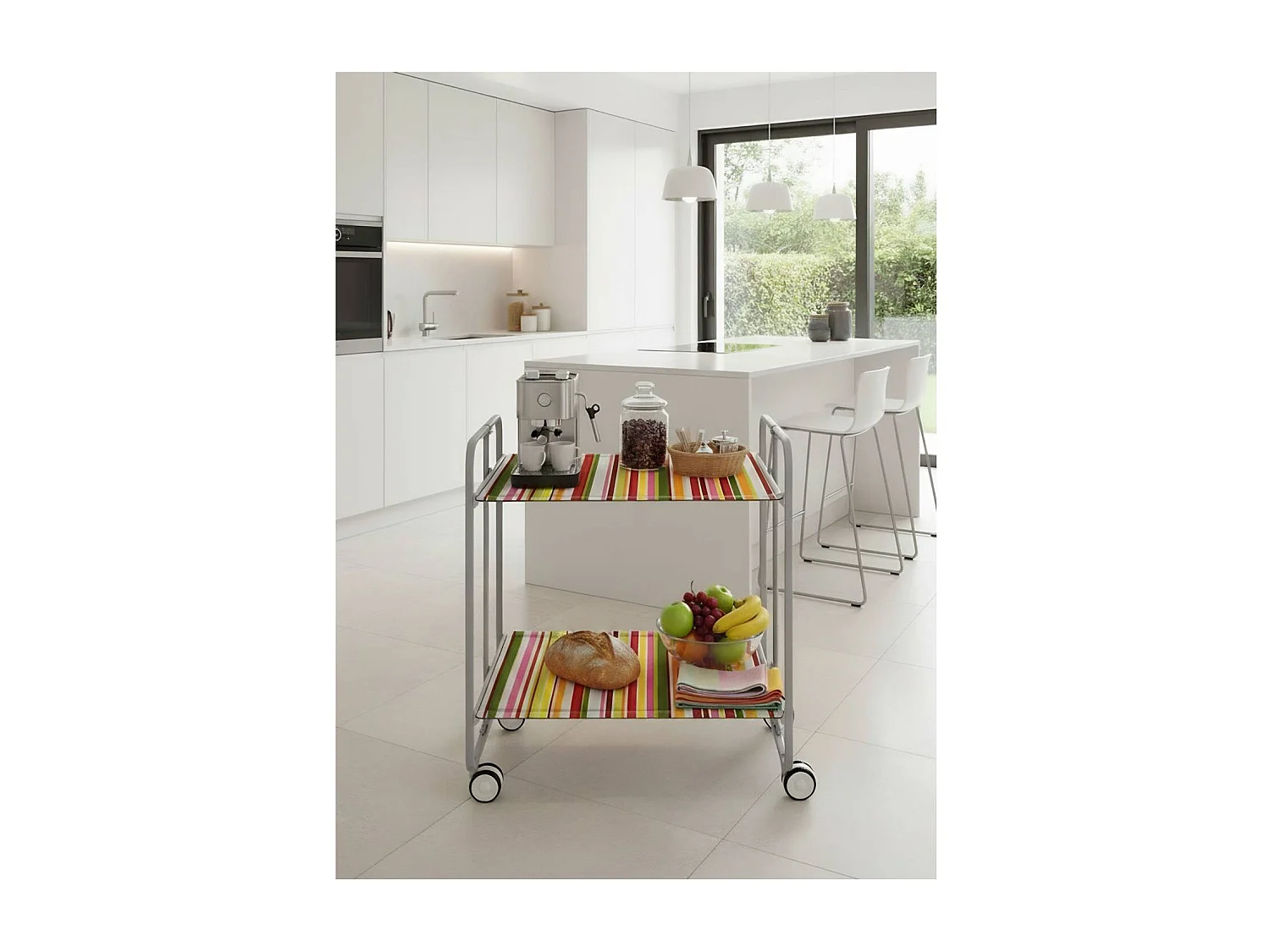 Carrito auxiliar plegable con ruedas - Estructura metálica gris, 2 estantes laminados decorado Rayas – 72*66*43 cm - BAUHAUS