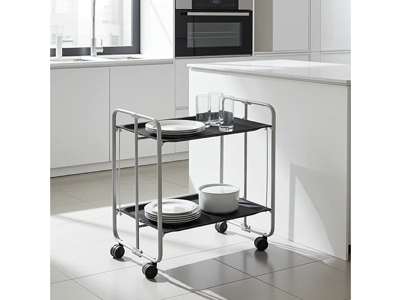 Klappbarer Servierwagen mit Rädern - Grauer Metallrahmen, 2 schwarz laminierte Etagen - 72*66*43 cm - BAUHAUS
