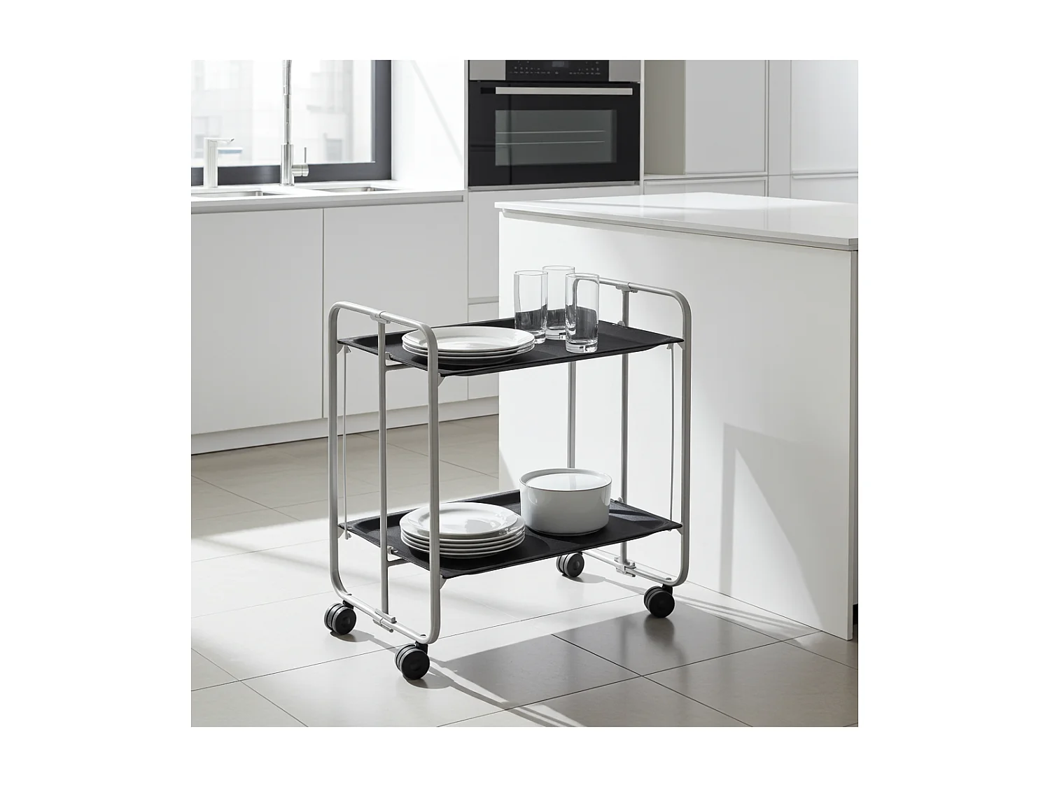 Carrito auxiliar plegable con ruedas - Estructura metálica gris, 2 estantes negros laminados – 72*66*43 cm - BAUHAUS
