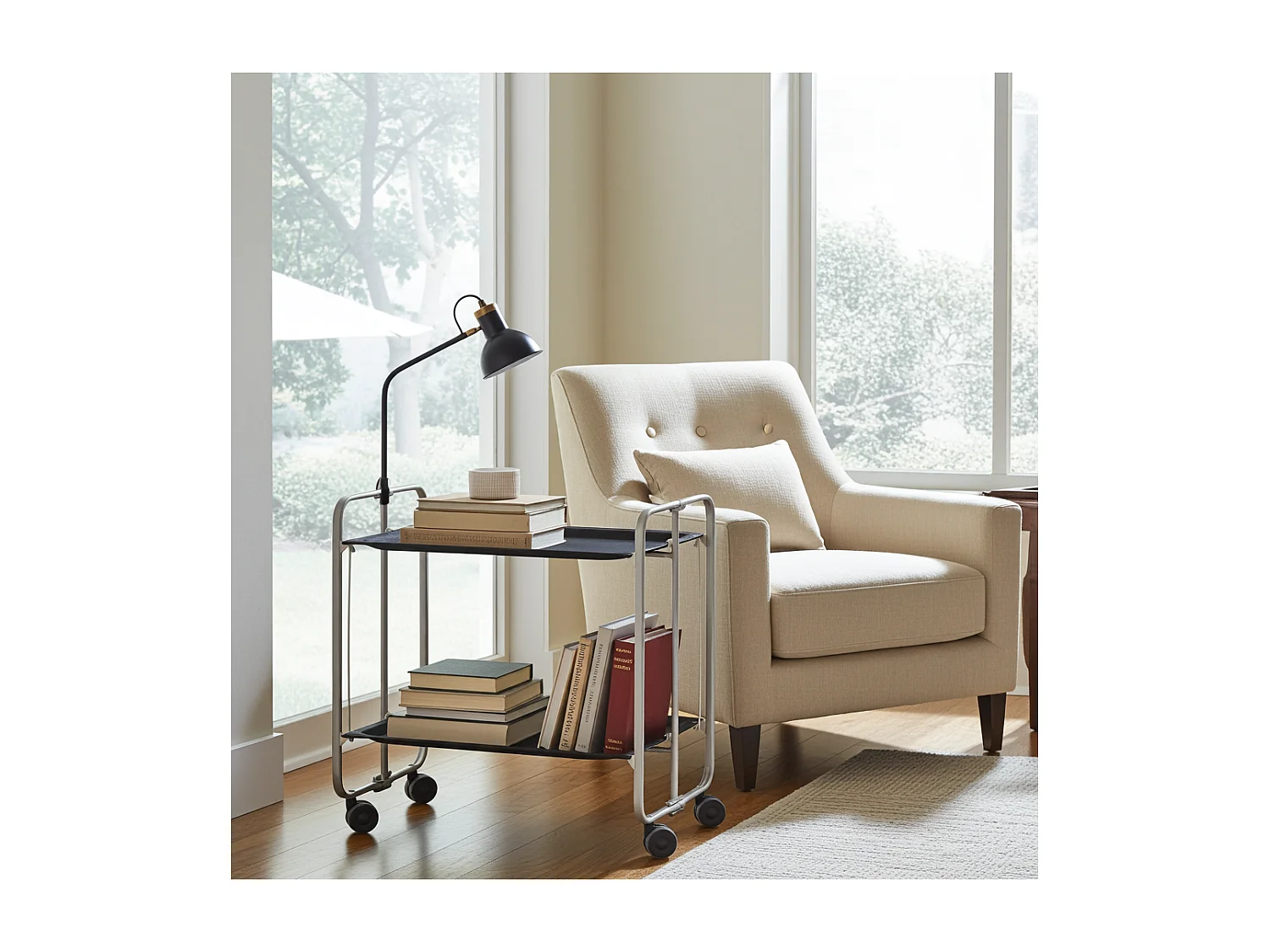 Carrito auxiliar plegable con ruedas - Estructura metálica gris, 2 estantes negros laminados – 72*66*43 cm - BAUHAUS
