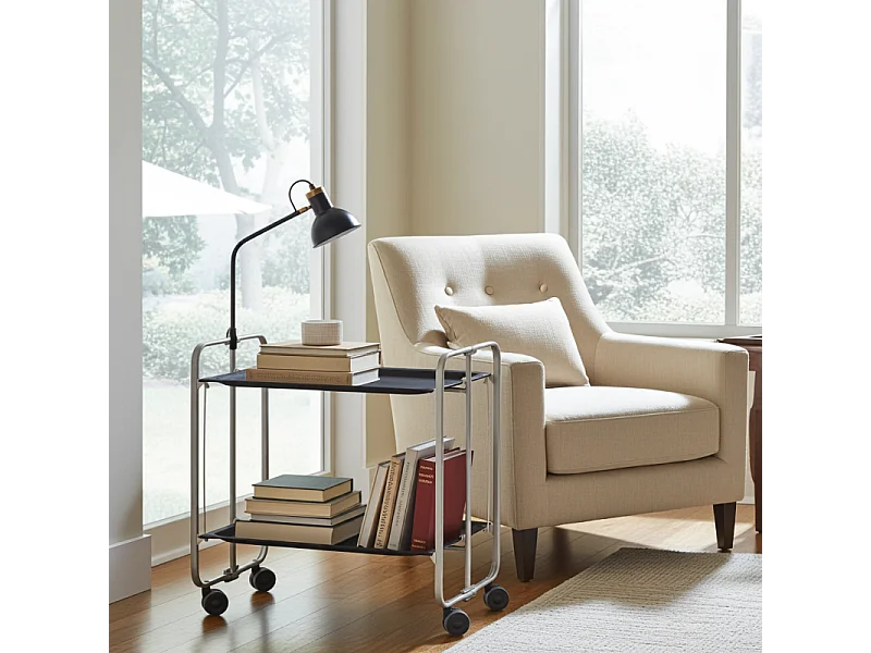 Klappbarer Servierwagen mit Rädern - Grauer Metallrahmen, 2 schwarz laminierte Etagen - 72*66*43 cm - BAUHAUS