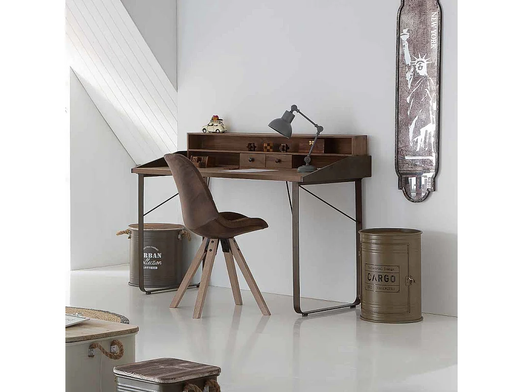 Regaltisch aus Metall und Holz mit grün bedrucktem Innenregal D34x46