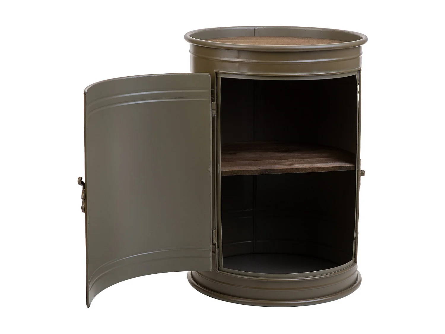 Regaltisch aus Metall und Holz mit grün bedrucktem Innenregal D34x46