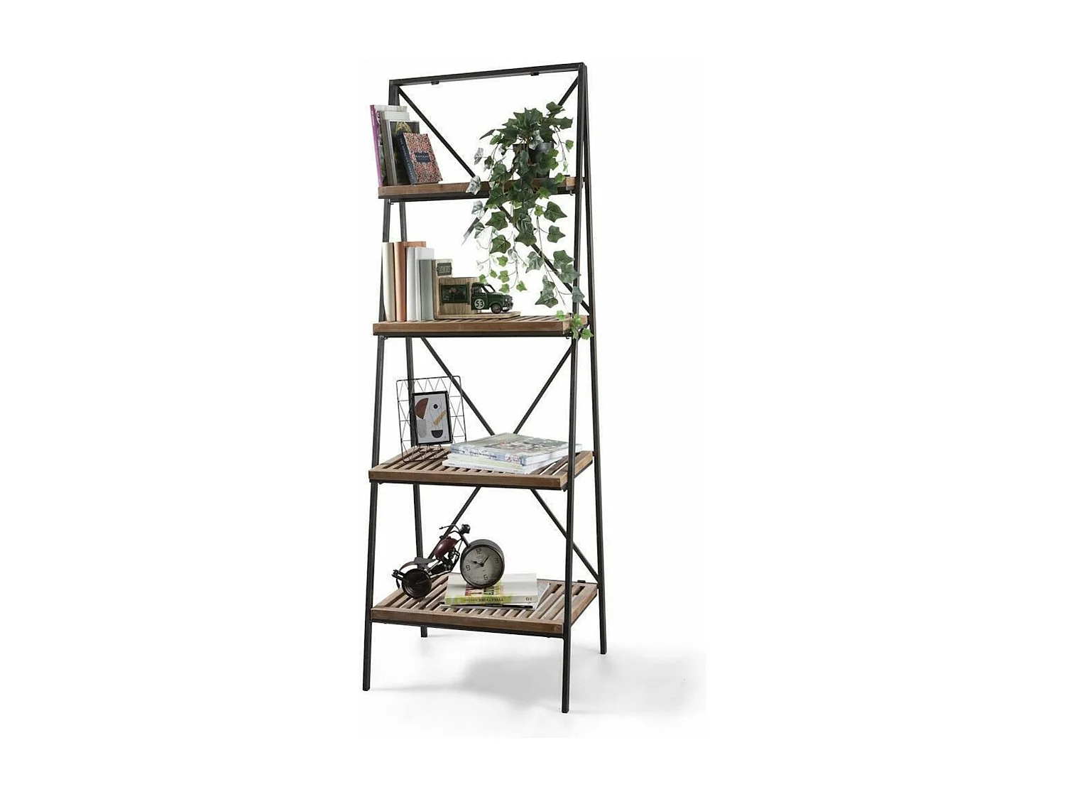 Estantería Librería Auxiliar Industrial de Metal con 4 Baldas – Nogal y Estructura Negra, 60x43.5x173 cm