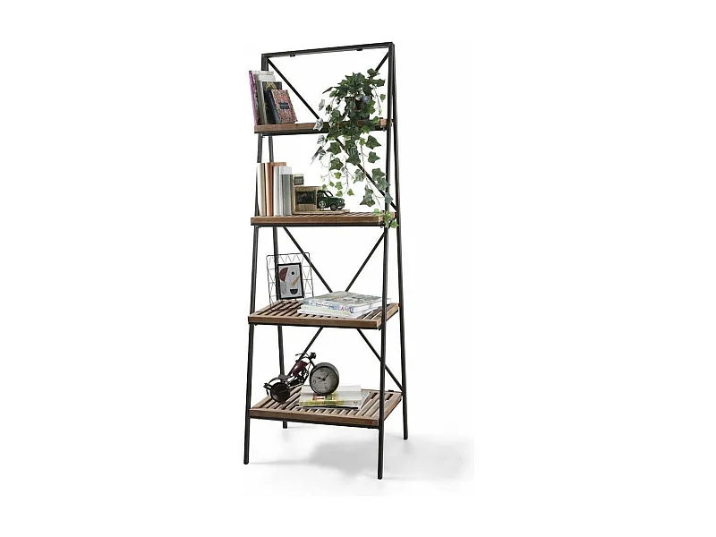 Estantería Librería Auxiliar Industrial de Metal con 4 Baldas – Nogal y Estructura Negra, 60x43.5x173 cm