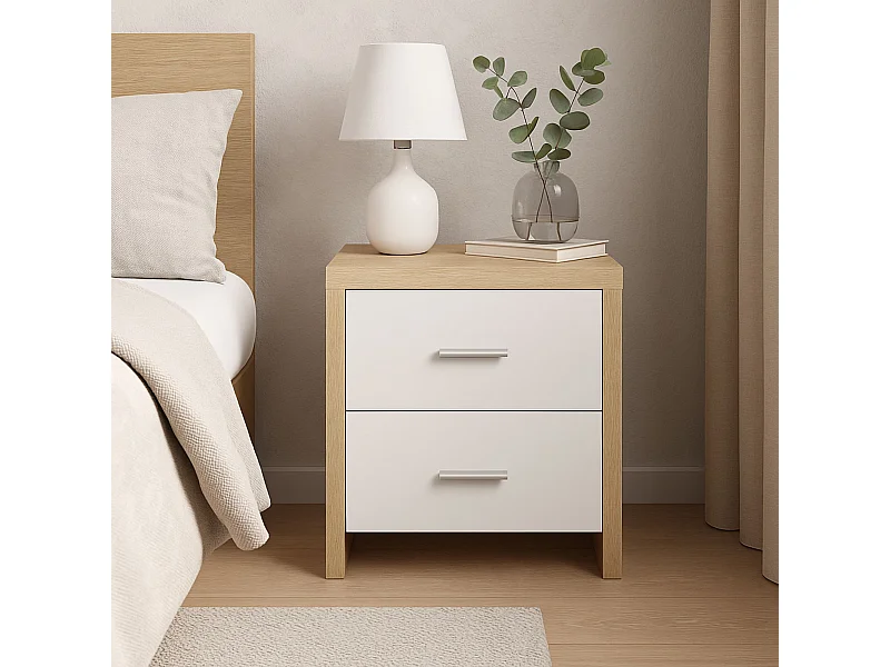 Mesita de noche de madera con 2 cajones 39P x 47 anc x 51 Alcolor cambrian y blanco con guías metálicas