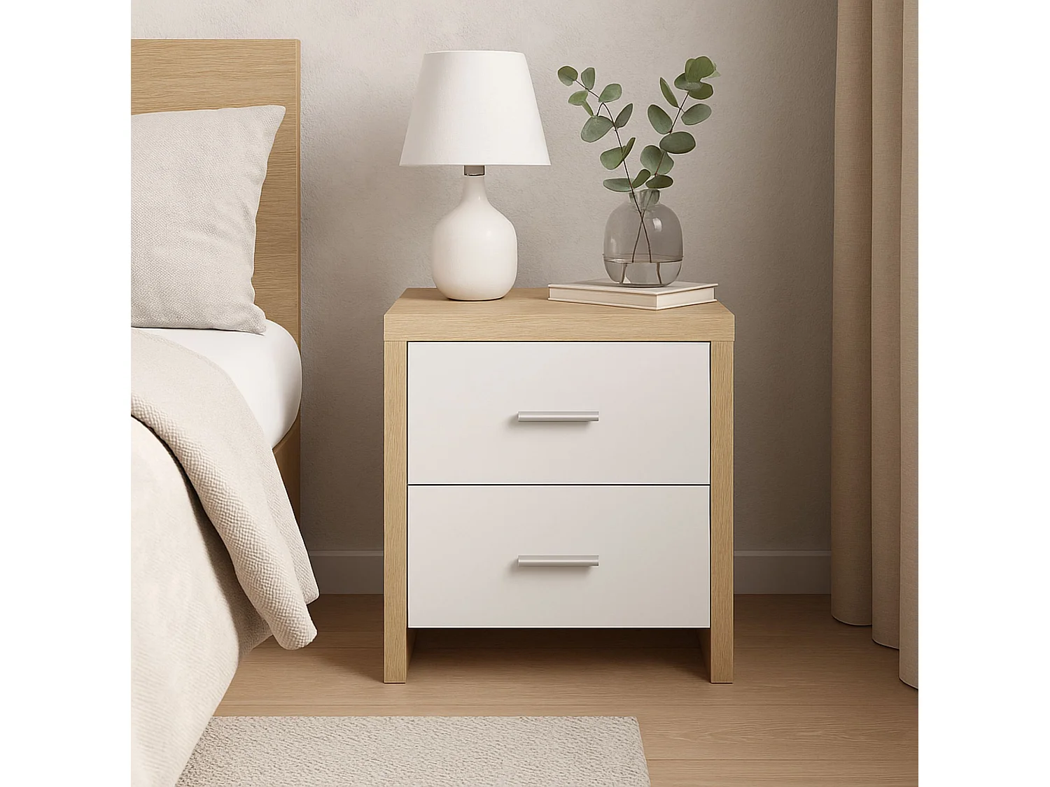 Mesita de noche de madera con 2 cajones 39P x 47 anc x 51 Alcolor cambrian y blanco con guías metálicas