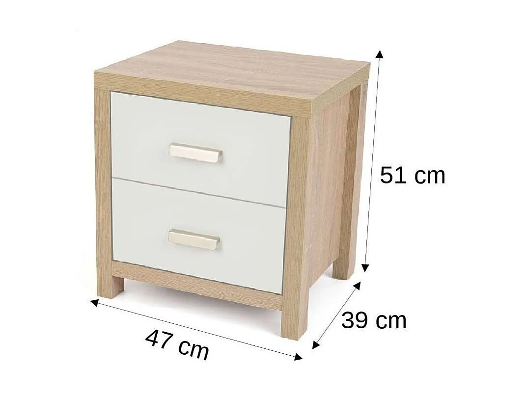 Mesita de noche de madera con 2 cajones 39P x 47 anc x 51 Alcolor cambrian y blanco con guías metálicas