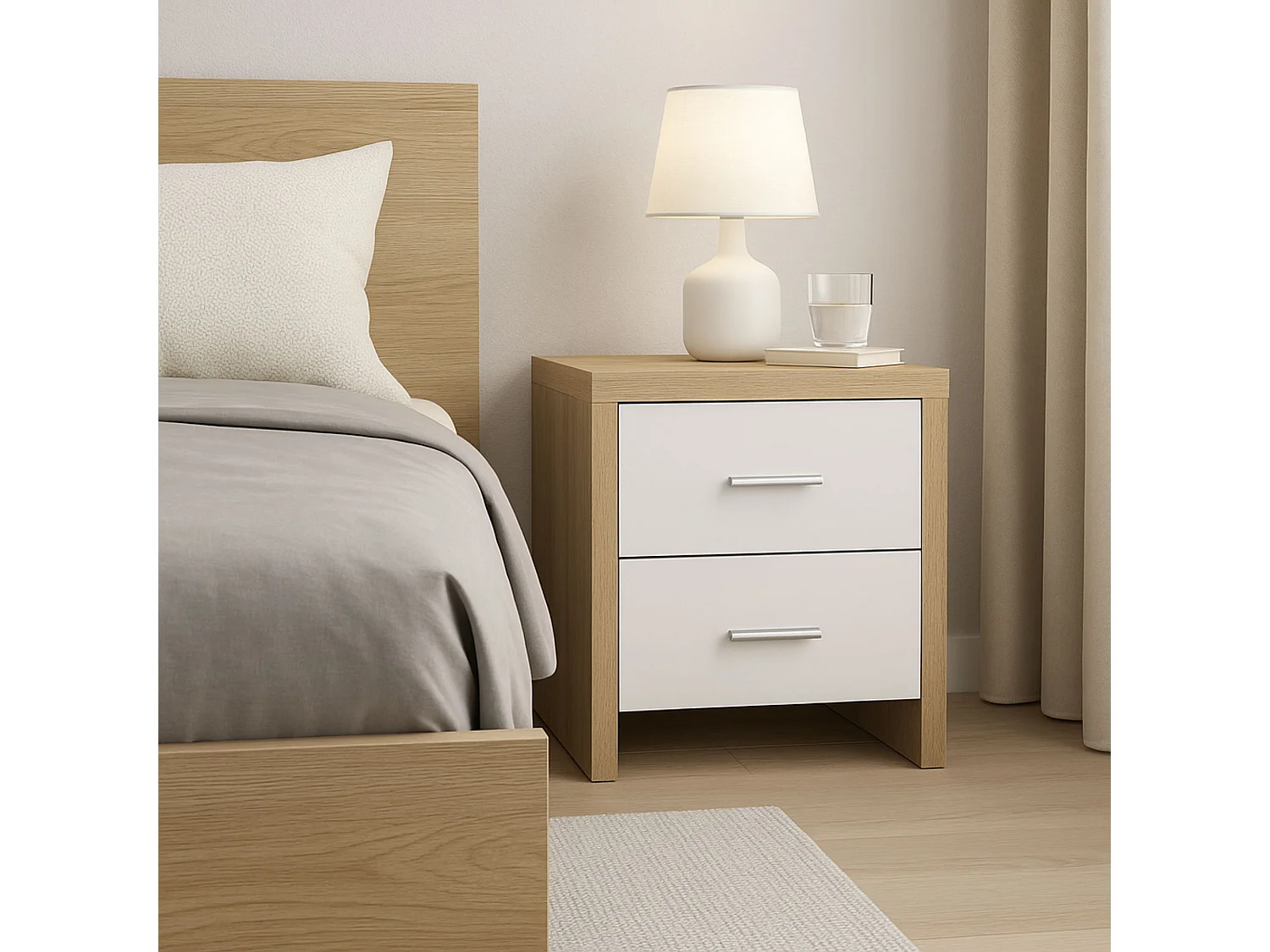 Mesita de noche de madera con 2 cajones 39P x 47 anc x 51 Alcolor cambrian y blanco con guías metálicas