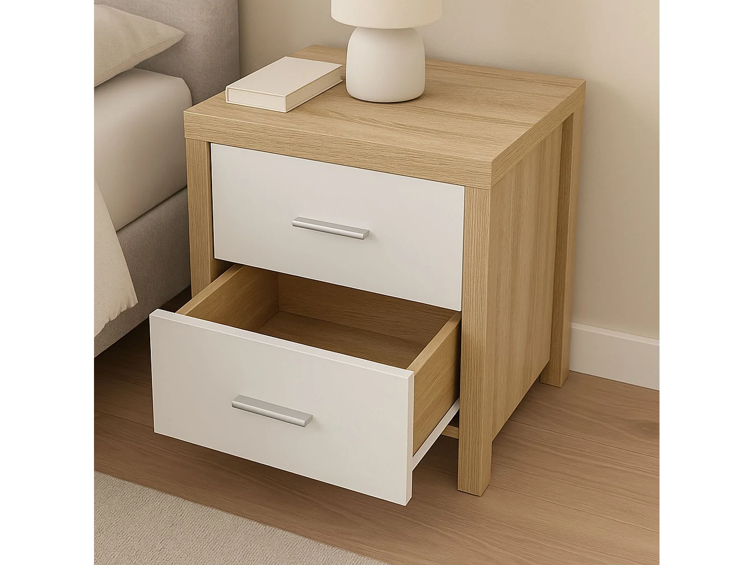 Mesita de noche de madera con 2 cajones 39P x 47 anc x 51 Alcolor cambrian y blanco con guías metálicas