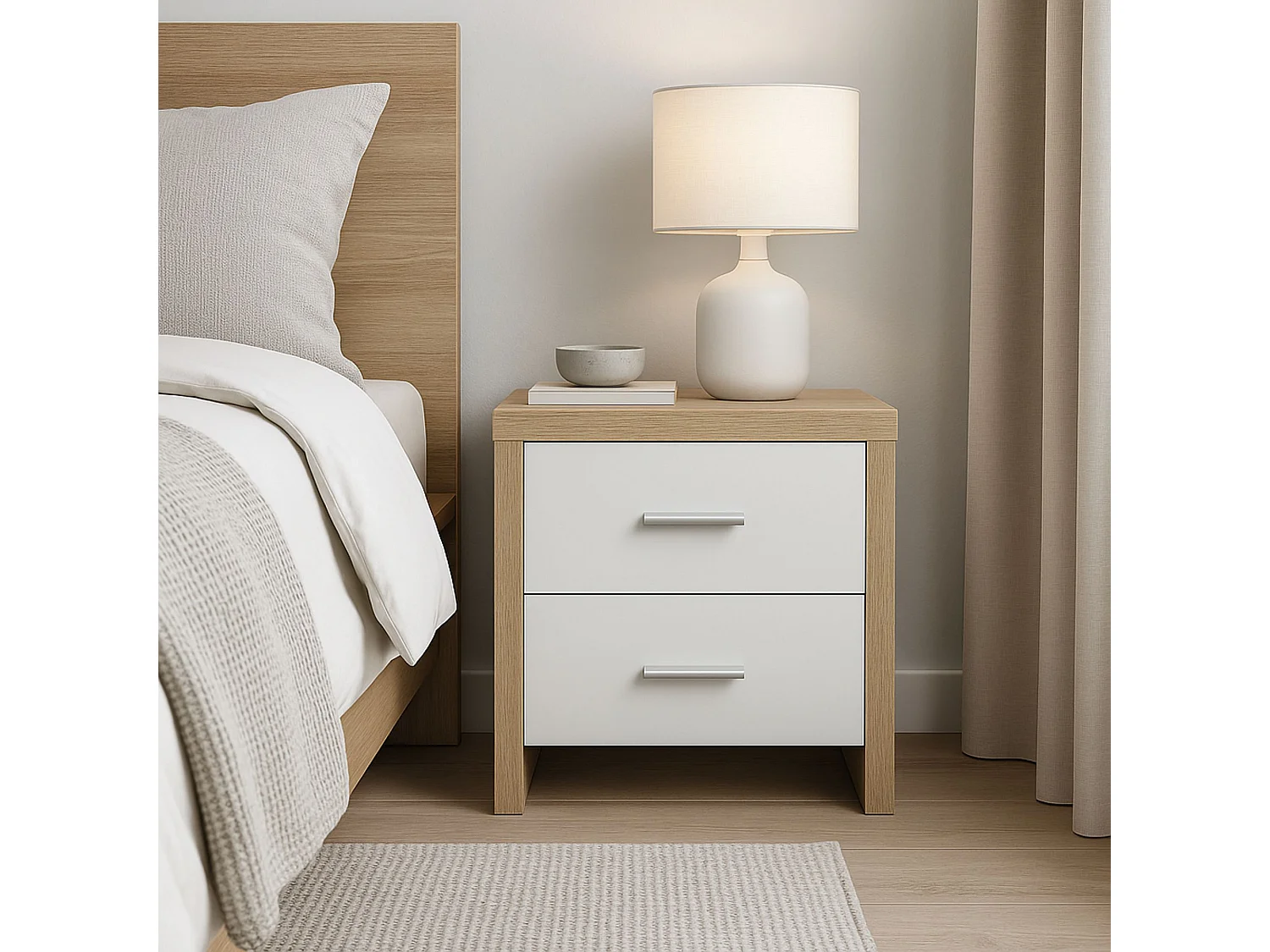 Mesita de noche de madera con 2 cajones 39P x 47 anc x 51 Alcolor cambrian y blanco con guías metálicas