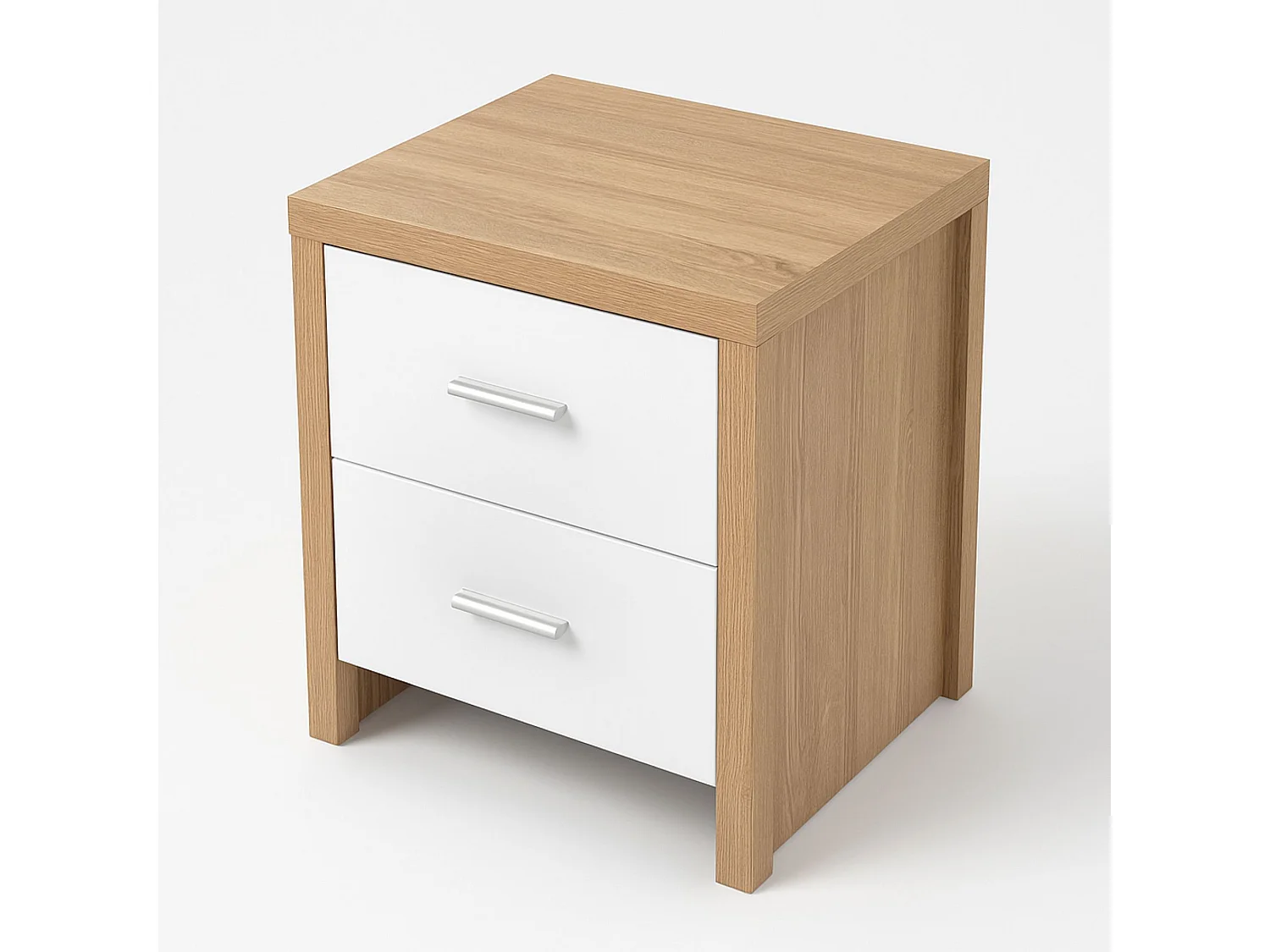 Mesita de noche de madera con 2 cajones 39P x 47 anc x 51 Alcolor cambrian y blanco con guías metálicas