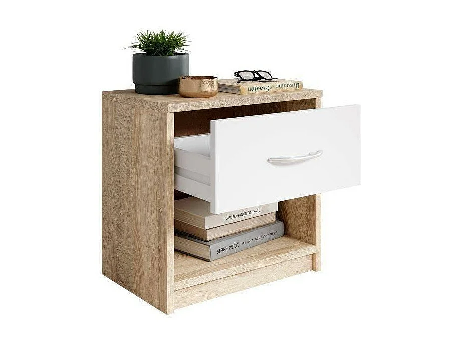 Mesita de noche sencilla con un cajón adecuada para cualquier cama y dormitorio, Color Blanco y Roble, 38,5 x 28 x 39,5 cm (ancho x fondo x alto)