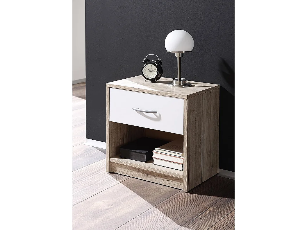 Mesita de noche sencilla con un cajón adecuada para cualquier cama y dormitorio, Color Blanco y Roble, 38,5 x 28 x 39,5 cm (ancho x fondo x alto)