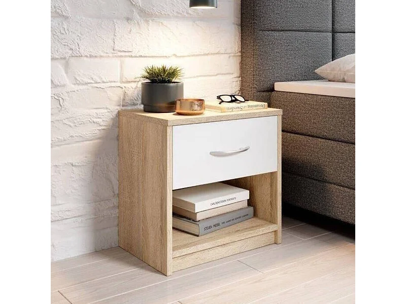 Mesita de noche sencilla con un cajón adecuada para cualquier cama y dormitorio, Color Blanco y Roble, 38,5 x 28 x 39,5 cm (ancho x fondo x alto)