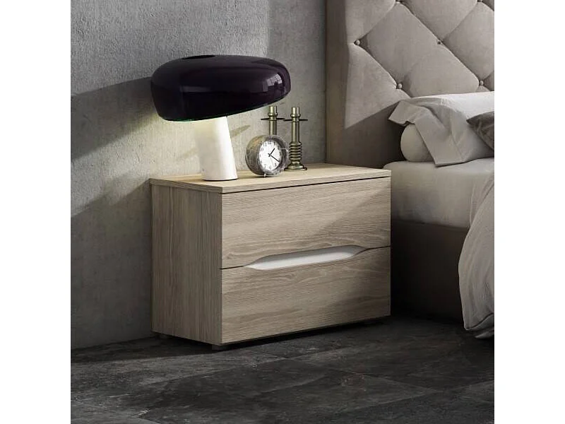 Mesita de Noche de 2 Cajones, Con Tiradores Uñero, Color Acabado Roble Sable y Blanco, 53x43x34 cm