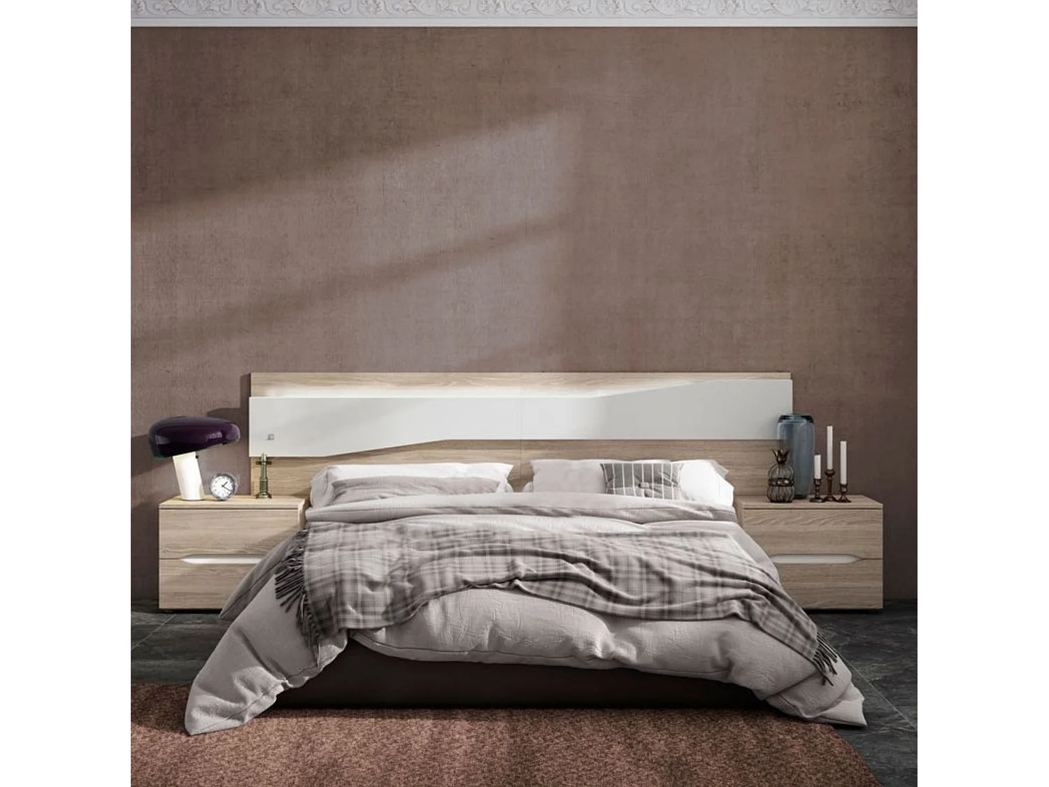 Mesita de Noche de 2 Cajones, Con Tiradores Uñero, Color Acabado Roble Sable y Blanco, 53x43x34 cm