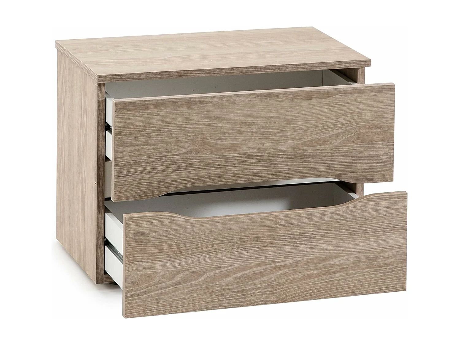 Mesita de Noche de 2 Cajones, Con Tiradores Uñero, Color Acabado Roble Sable y Blanco, 53x43x34 cm