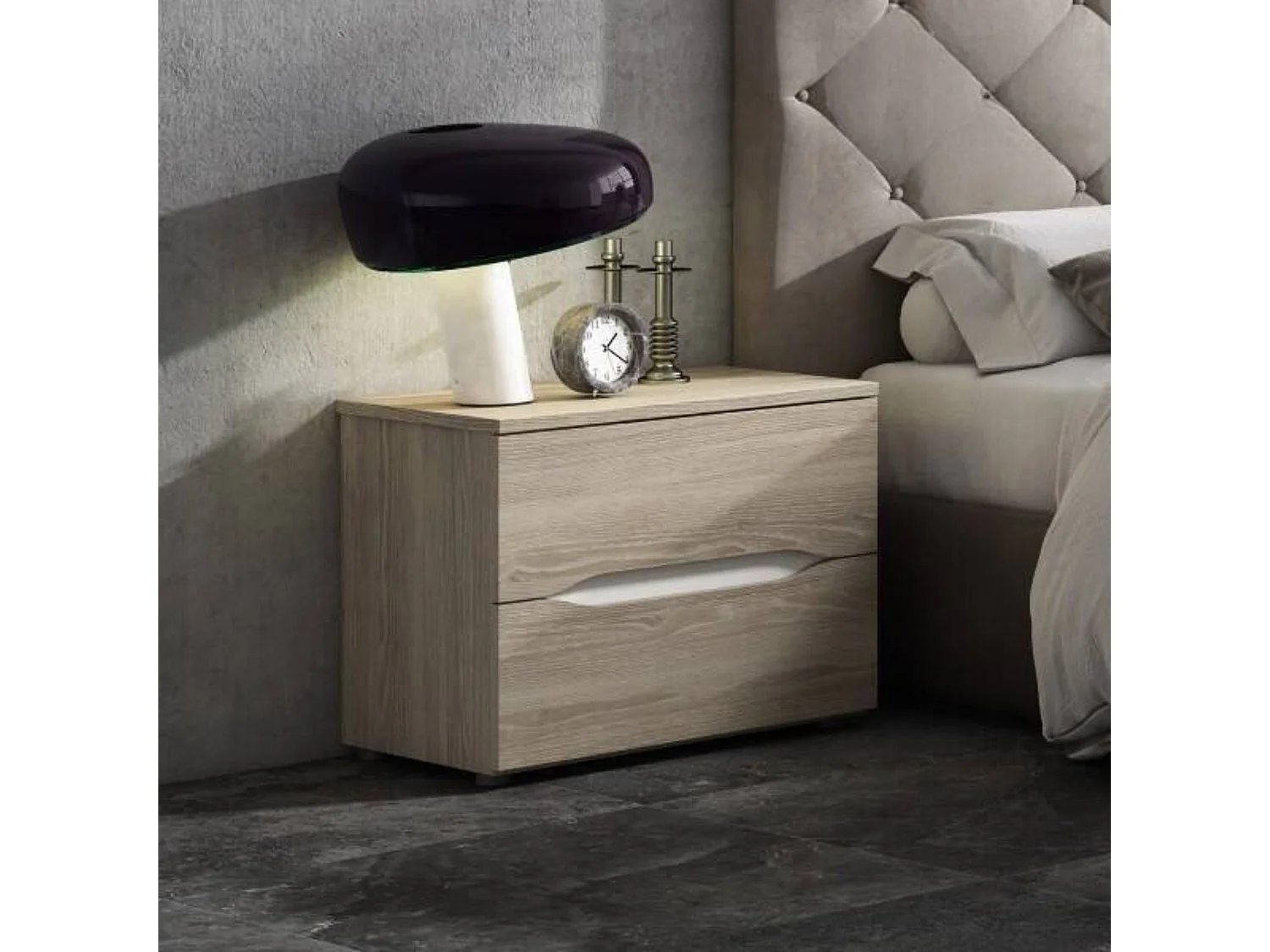 Mesita de Noche de 2 Cajones, Con Tiradores Uñero, Color Acabado Roble Sable y Blanco, 53x43x34 cm