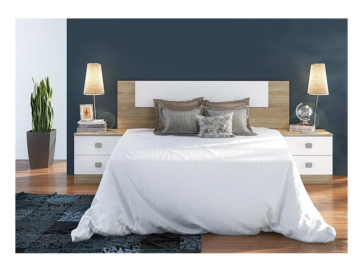 BricoExpo Pack Cabecero y 2 Mesitas de Noche, Color cambrian y blanco, Dormitorio Doble de Matrimonio o Juvenil, Medidas:160x45x1,6 cm