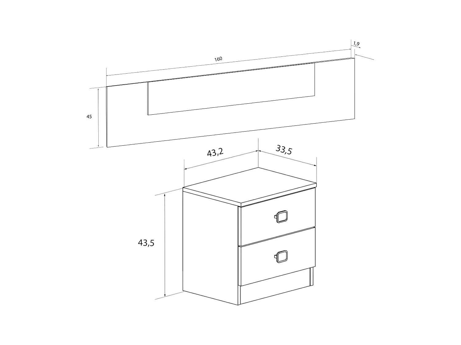 BricoExpo Pack Cabecero y 2 Mesitas de Noche, Color cambrian y blanco, Dormitorio Doble de Matrimonio o Juvenil, Medidas:160x45x1,6 cm