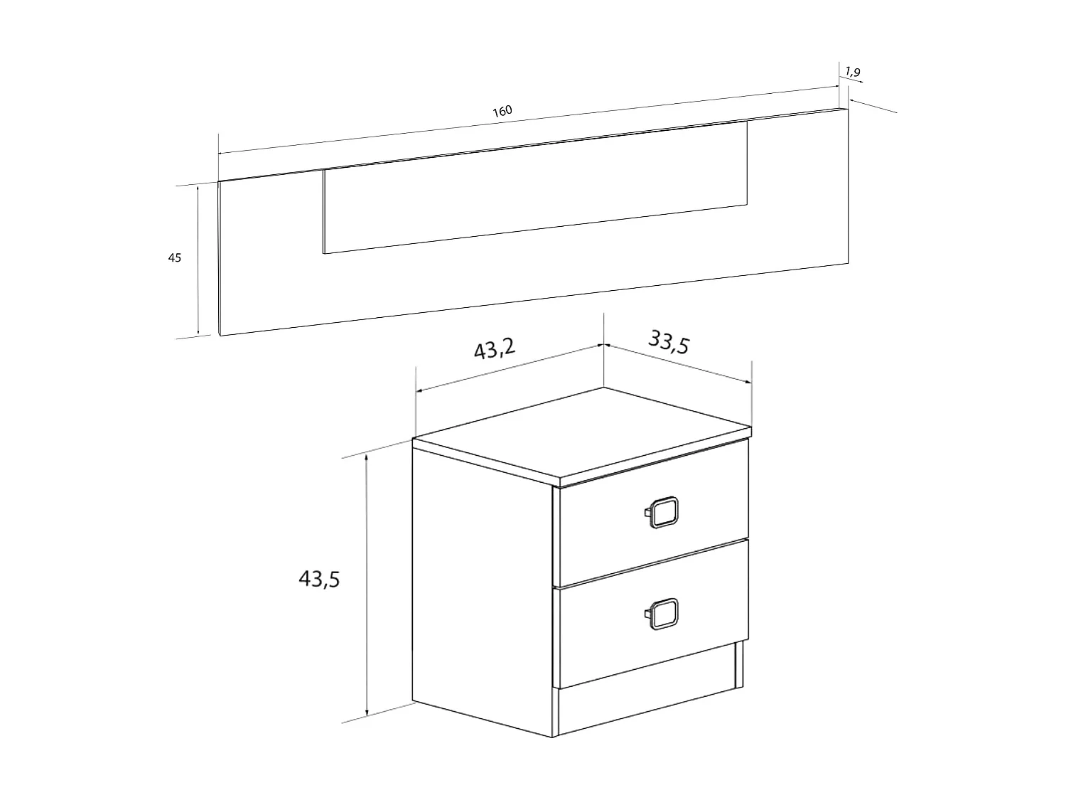 BricoExpo Pack Cabecero y 2 Mesitas de Noche, Color cambrian y blanco, Dormitorio Doble de Matrimonio o Juvenil, Medidas:160x45x1,6 cm