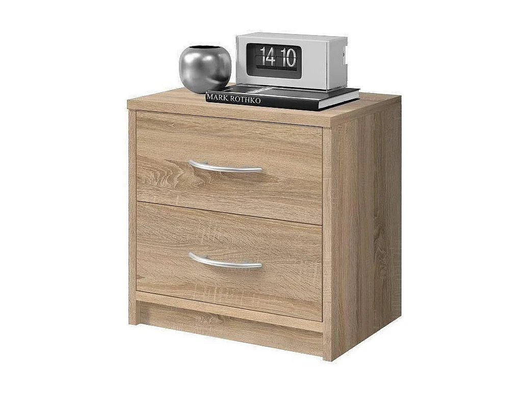 Mesita de noche 2 Cajones en roble sonoma - Mesita de noche sencilla para combinar con cualquier cama y dormitorio / Tirador Plata – 38,5 x 39 x 28 cm