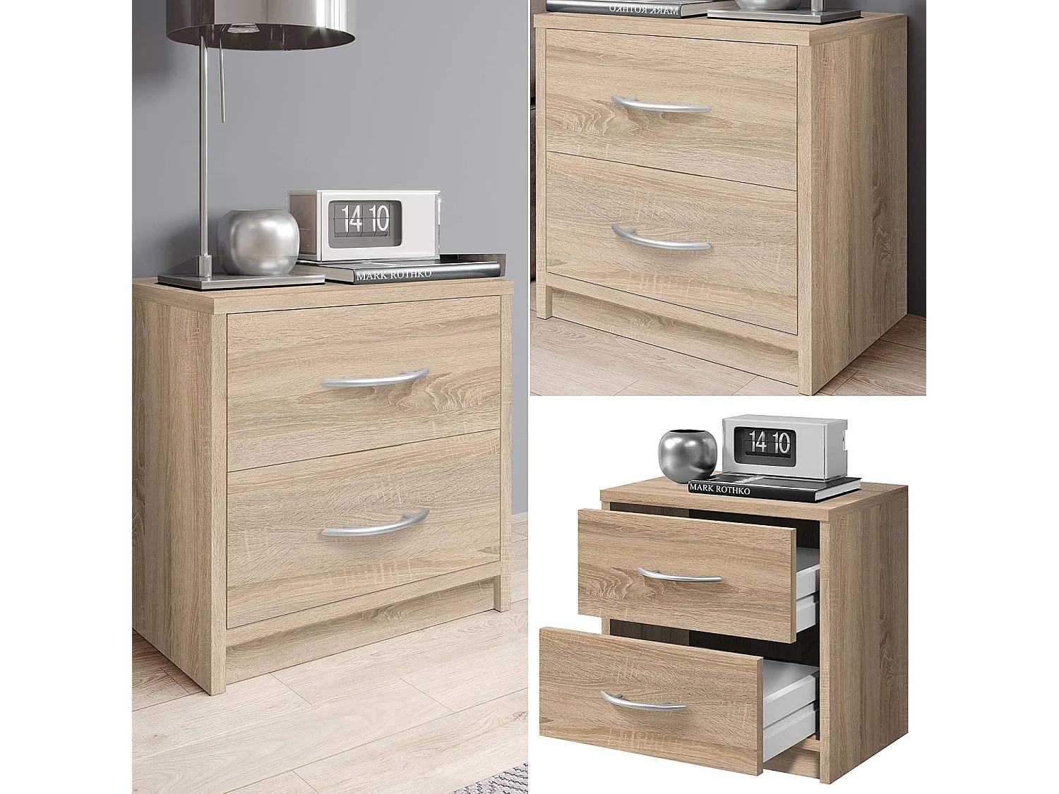 Mesita de noche 2 Cajones en roble sonoma - Mesita de noche sencilla para combinar con cualquier cama y dormitorio / Tirador Plata – 38,5 x 39 x 28 cm