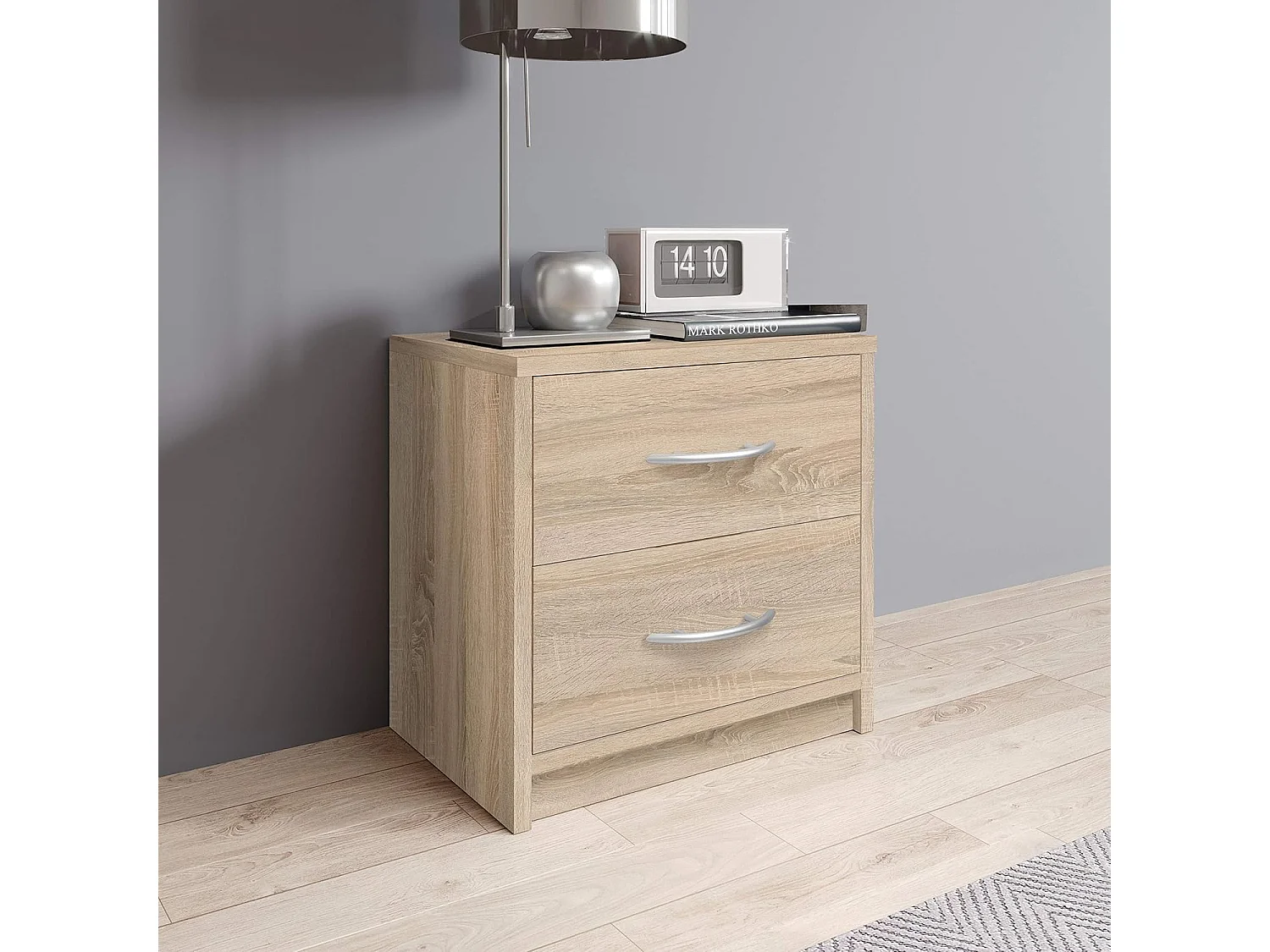 Mesita de noche 2 Cajones en roble sonoma - Mesita de noche sencilla para combinar con cualquier cama y dormitorio / Tirador Plata – 38,5 x 39 x 28 cm