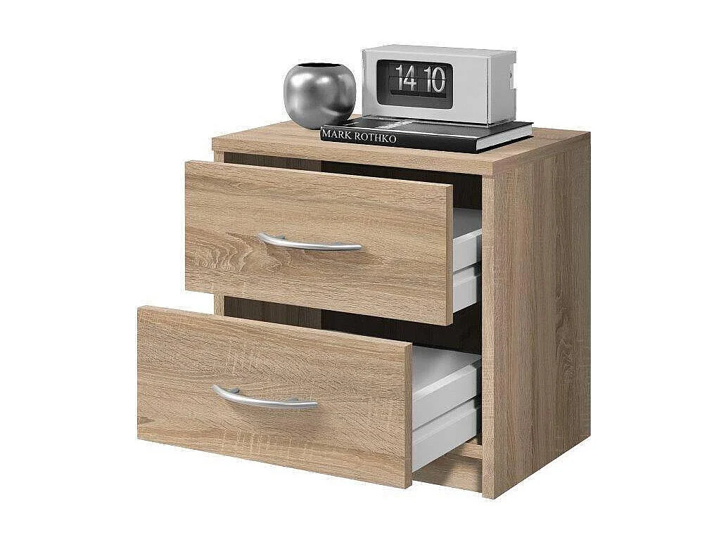 Mesita de noche 2 Cajones en roble sonoma - Mesita de noche sencilla para combinar con cualquier cama y dormitorio / Tirador Plata – 38,5 x 39 x 28 cm