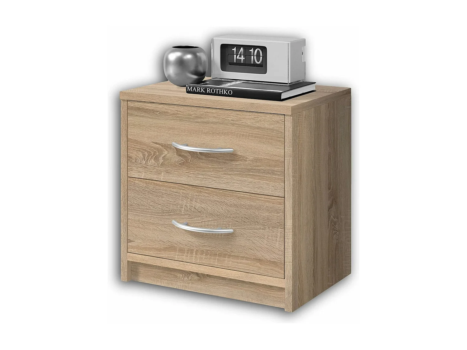Mesita de noche 2 Cajones en roble sonoma - Mesita de noche sencilla para combinar con cualquier cama y dormitorio / Tirador Plata – 38,5 x 39 x 28 cm