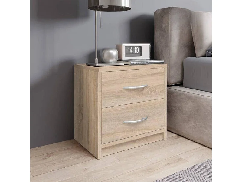 Mesita de noche 2 Cajones en roble sonoma - Mesita de noche sencilla para combinar con cualquier cama y dormitorio / Tirador Plata – 38,5 x 39 x 28 cm