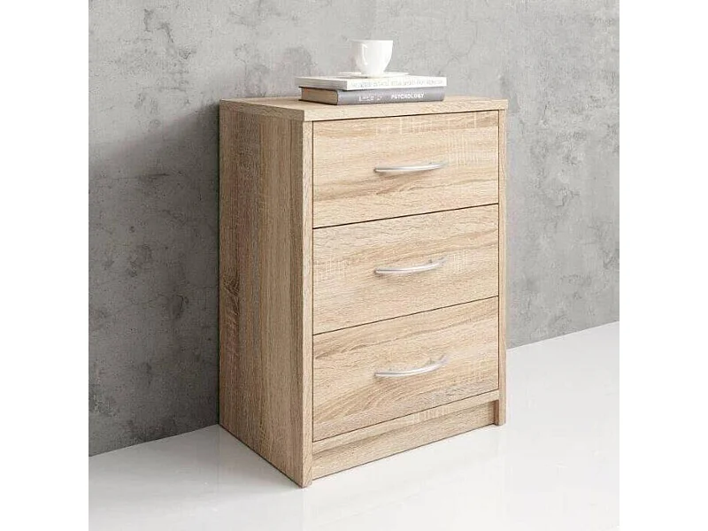 Mesilla de noche en acabado roble Sonoma, sencilla, con 3 cajones, adecuada para cualquier dormitorio, 39 x 54 x 28 cm (ancho x alto x fondo)